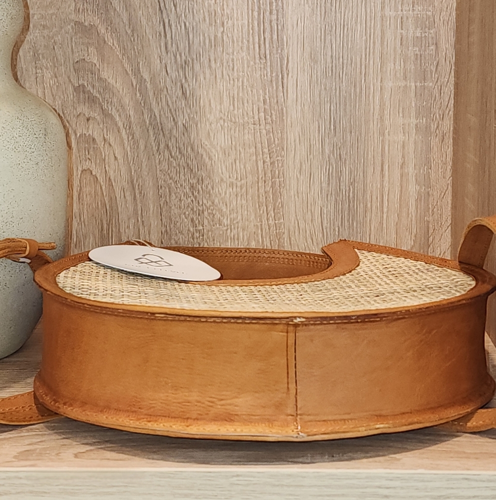 Street Level Ajeng Rattan Crossbody Brown Leather Handmade Woven Women's Bag - Picture 6 of 9